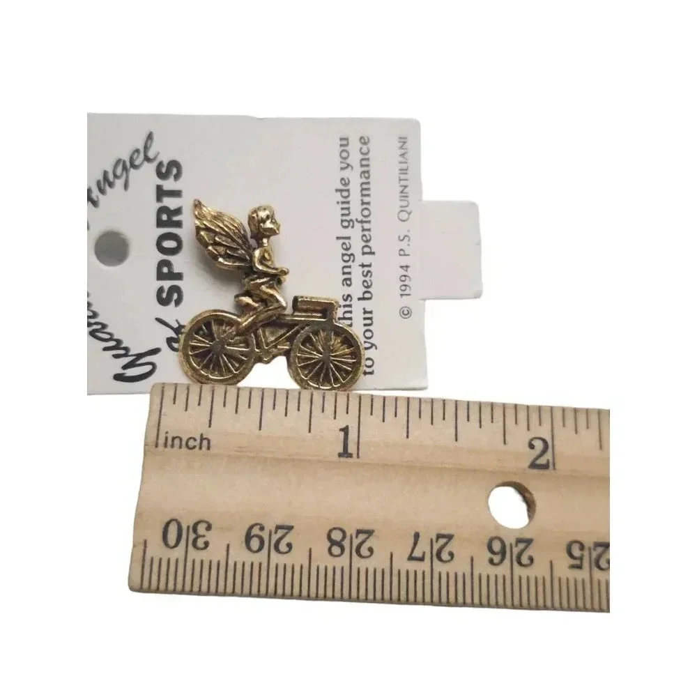 Guardian Angel on Bicycle Lapel Brooch Pin Gold Tone Vintage